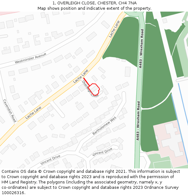 1, OVERLEIGH CLOSE, CHESTER, CH4 7NA: Location map and indicative extent of plot
