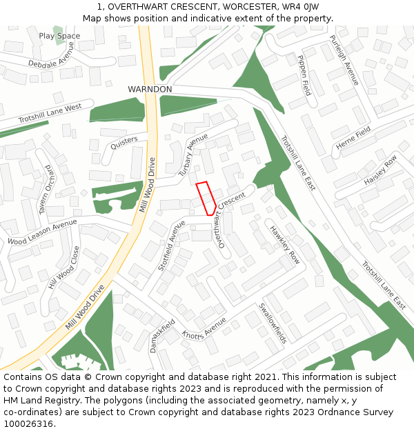 1, OVERTHWART CRESCENT, WORCESTER, WR4 0JW: Location map and indicative extent of plot