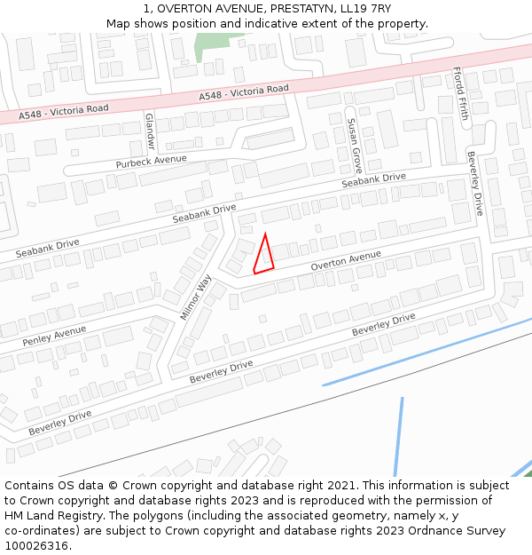 1, OVERTON AVENUE, PRESTATYN, LL19 7RY: Location map and indicative extent of plot