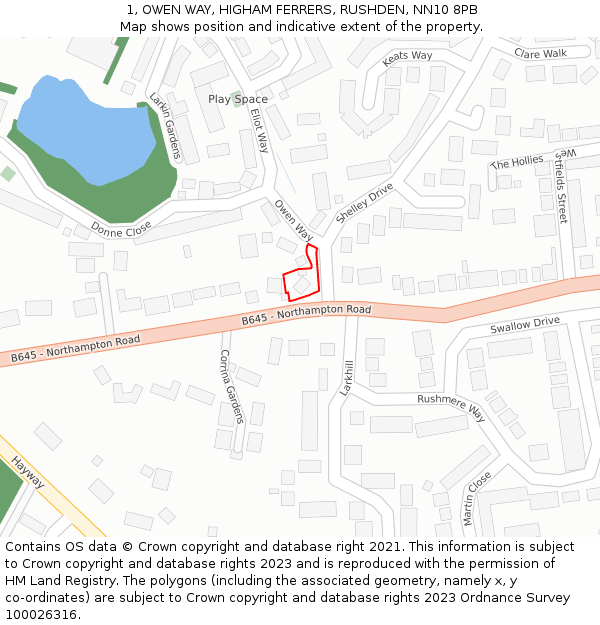 1, OWEN WAY, HIGHAM FERRERS, RUSHDEN, NN10 8PB: Location map and indicative extent of plot