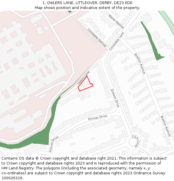 1, OWLERS LANE, LITTLEOVER, DERBY, DE23 6DE: Location map and indicative extent of plot