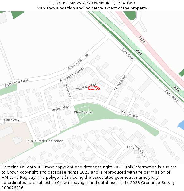 1, OXENHAM WAY, STOWMARKET, IP14 1WD: Location map and indicative extent of plot