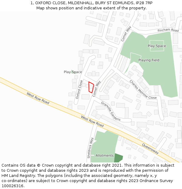 1, OXFORD CLOSE, MILDENHALL, BURY ST EDMUNDS, IP28 7RP: Location map and indicative extent of plot