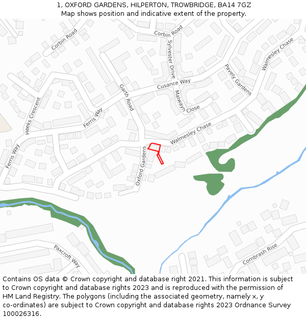 1, OXFORD GARDENS, HILPERTON, TROWBRIDGE, BA14 7GZ: Location map and indicative extent of plot