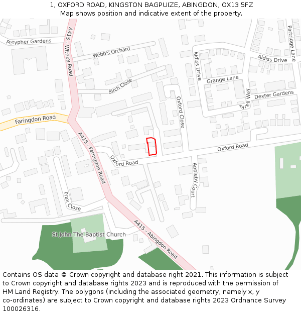 1, OXFORD ROAD, KINGSTON BAGPUIZE, ABINGDON, OX13 5FZ: Location map and indicative extent of plot