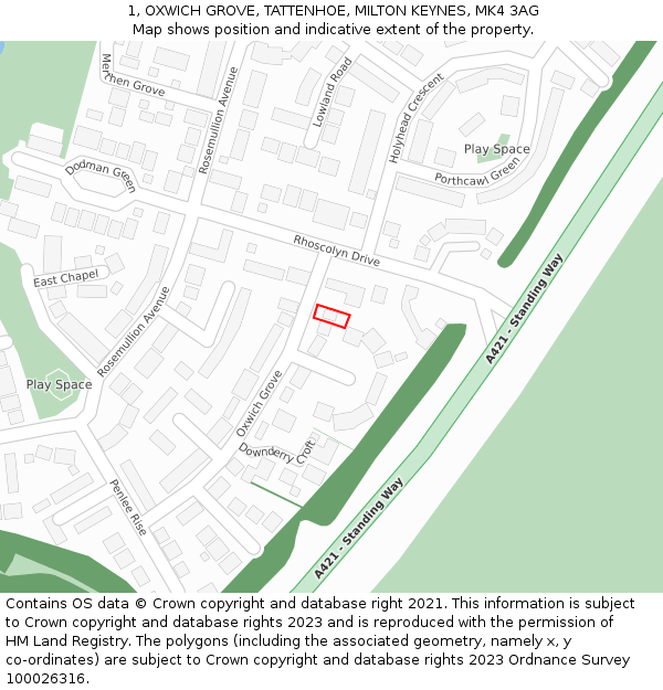 1, OXWICH GROVE, TATTENHOE, MILTON KEYNES, MK4 3AG: Location map and indicative extent of plot