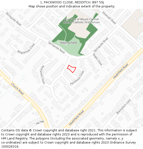 1, PACKWOOD CLOSE, REDDITCH, B97 5SJ: Location map and indicative extent of plot