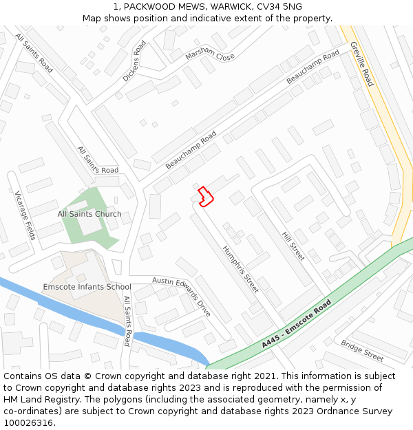 1, PACKWOOD MEWS, WARWICK, CV34 5NG: Location map and indicative extent of plot