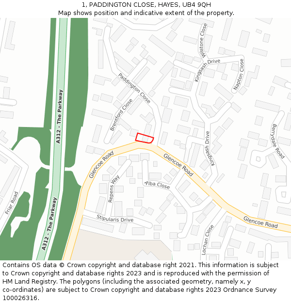 1, PADDINGTON CLOSE, HAYES, UB4 9QH: Location map and indicative extent of plot