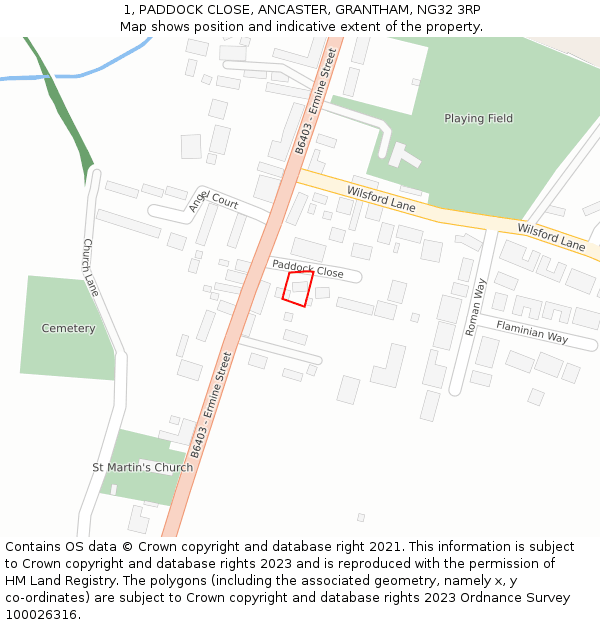 1, PADDOCK CLOSE, ANCASTER, GRANTHAM, NG32 3RP: Location map and indicative extent of plot