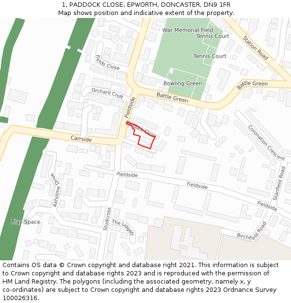 1, PADDOCK CLOSE, EPWORTH, DONCASTER, DN9 1FR: Location map and indicative extent of plot