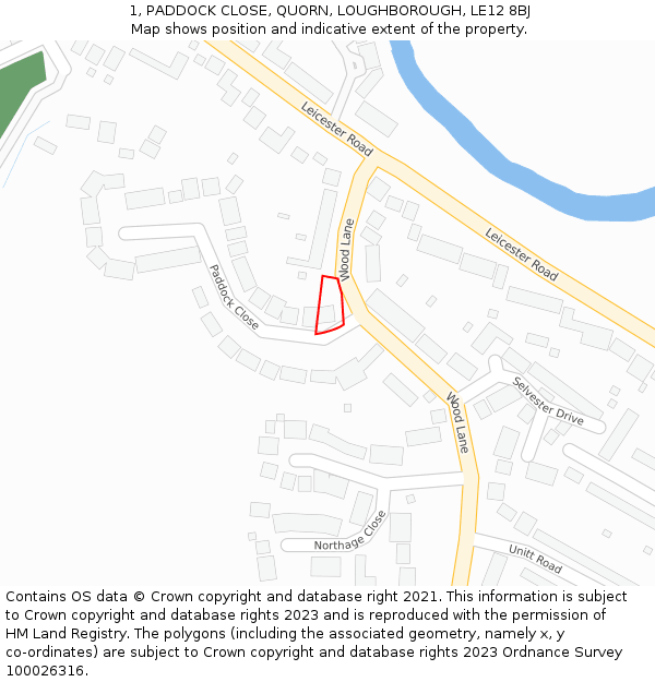 1, PADDOCK CLOSE, QUORN, LOUGHBOROUGH, LE12 8BJ: Location map and indicative extent of plot
