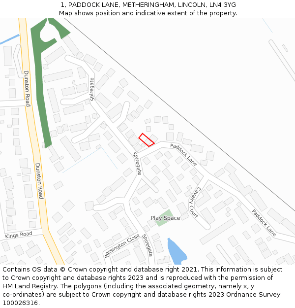 1, PADDOCK LANE, METHERINGHAM, LINCOLN, LN4 3YG: Location map and indicative extent of plot