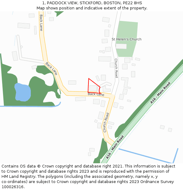 1, PADDOCK VIEW, STICKFORD, BOSTON, PE22 8HS: Location map and indicative extent of plot