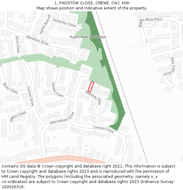 1, PADSTOW CLOSE, CREWE, CW1 3XW: Location map and indicative extent of plot