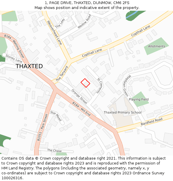 1, PAGE DRIVE, THAXTED, DUNMOW, CM6 2FS: Location map and indicative extent of plot