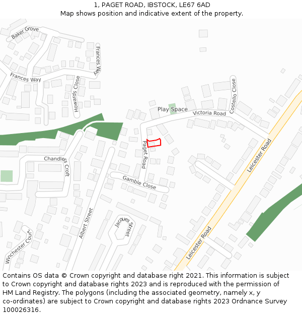 1, PAGET ROAD, IBSTOCK, LE67 6AD: Location map and indicative extent of plot