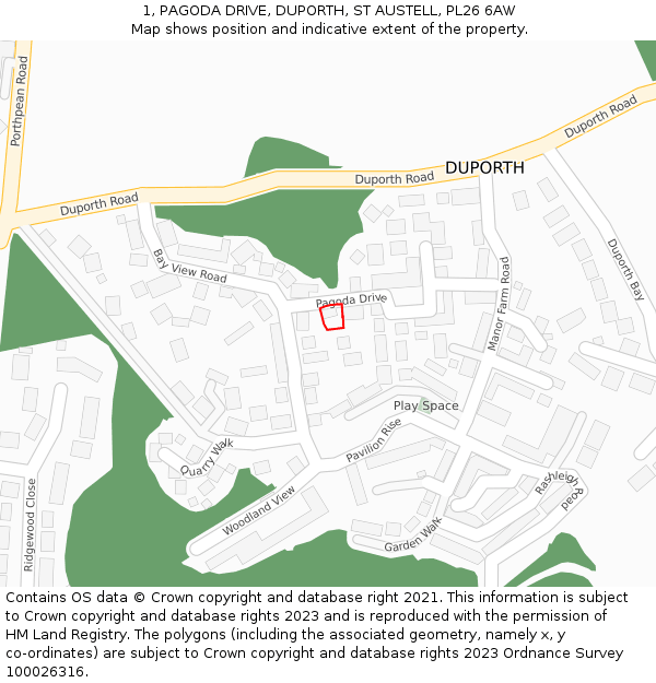 1, PAGODA DRIVE, DUPORTH, ST AUSTELL, PL26 6AW: Location map and indicative extent of plot