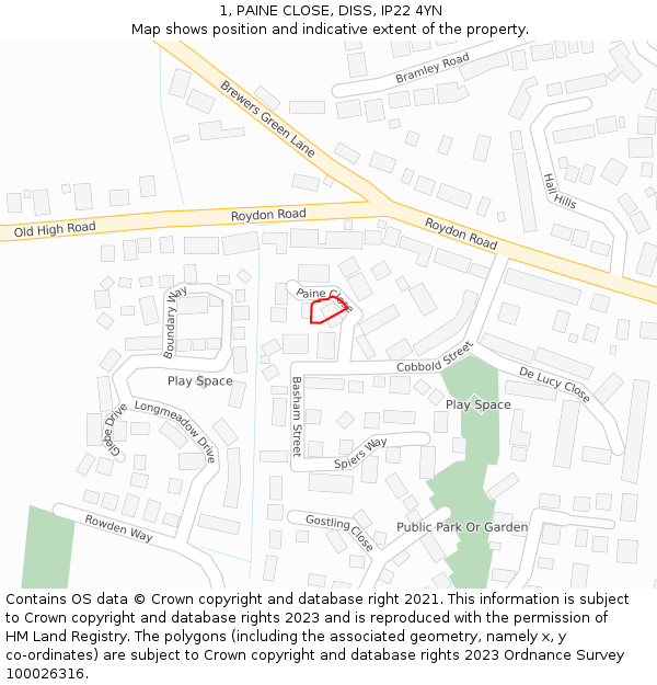 1, PAINE CLOSE, DISS, IP22 4YN: Location map and indicative extent of plot