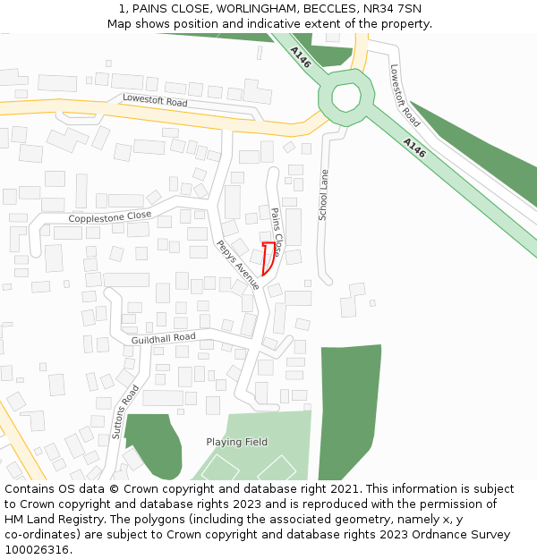 1, PAINS CLOSE, WORLINGHAM, BECCLES, NR34 7SN: Location map and indicative extent of plot