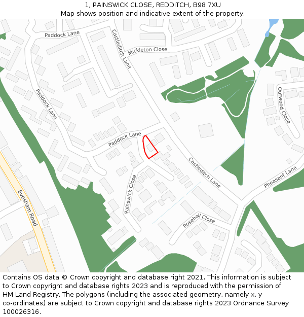 1, PAINSWICK CLOSE, REDDITCH, B98 7XU: Location map and indicative extent of plot