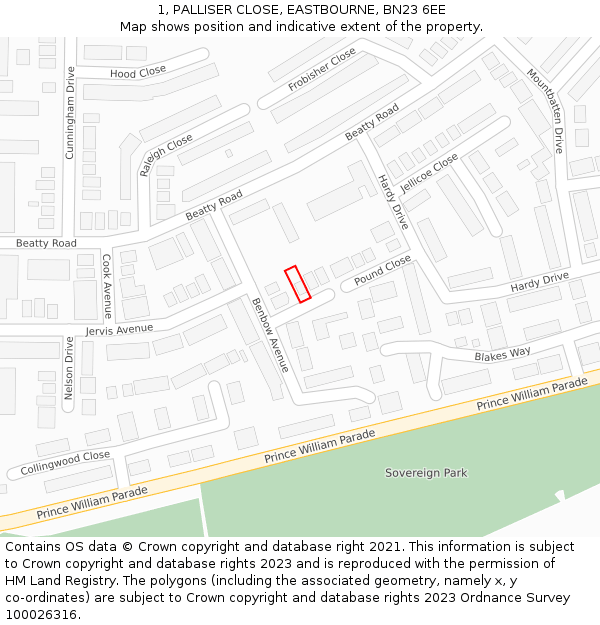 1, PALLISER CLOSE, EASTBOURNE, BN23 6EE: Location map and indicative extent of plot