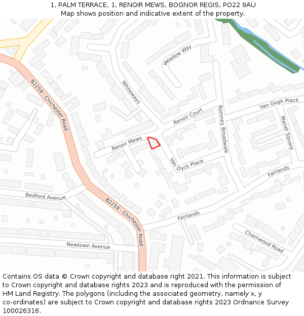 1, PALM TERRACE, 1, RENOIR MEWS, BOGNOR REGIS, PO22 9AU: Location map and indicative extent of plot