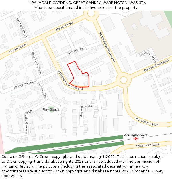 1, PALMDALE GARDENS, GREAT SANKEY, WARRINGTON, WA5 3TN: Location map and indicative extent of plot