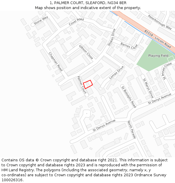 1, PALMER COURT, SLEAFORD, NG34 8ER: Location map and indicative extent of plot