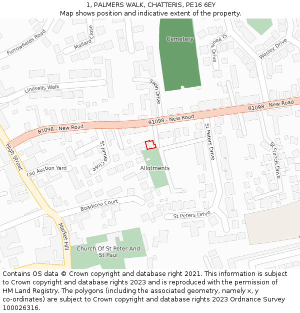 1, PALMERS WALK, CHATTERIS, PE16 6EY: Location map and indicative extent of plot