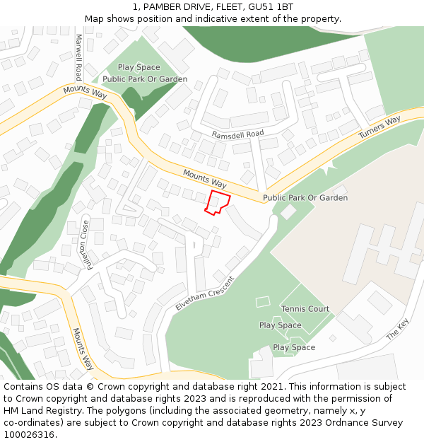 1, PAMBER DRIVE, FLEET, GU51 1BT: Location map and indicative extent of plot