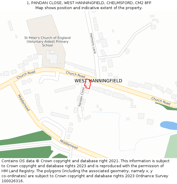 1, PANDAN CLOSE, WEST HANNINGFIELD, CHELMSFORD, CM2 8FP: Location map and indicative extent of plot