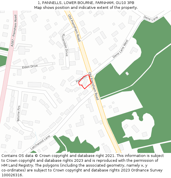 1, PANNELLS, LOWER BOURNE, FARNHAM, GU10 3PB: Location map and indicative extent of plot