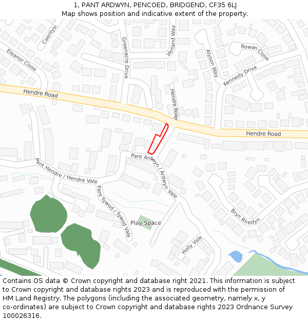 1, PANT ARDWYN, PENCOED, BRIDGEND, CF35 6LJ: Location map and indicative extent of plot
