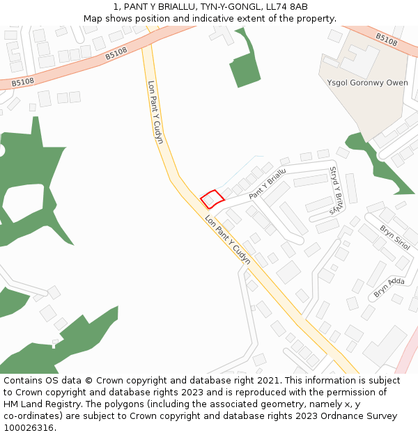 1, PANT Y BRIALLU, TYN-Y-GONGL, LL74 8AB: Location map and indicative extent of plot