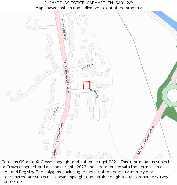 1, PANTGLAS ESTATE, CARMARTHEN, SA31 2AY: Location map and indicative extent of plot