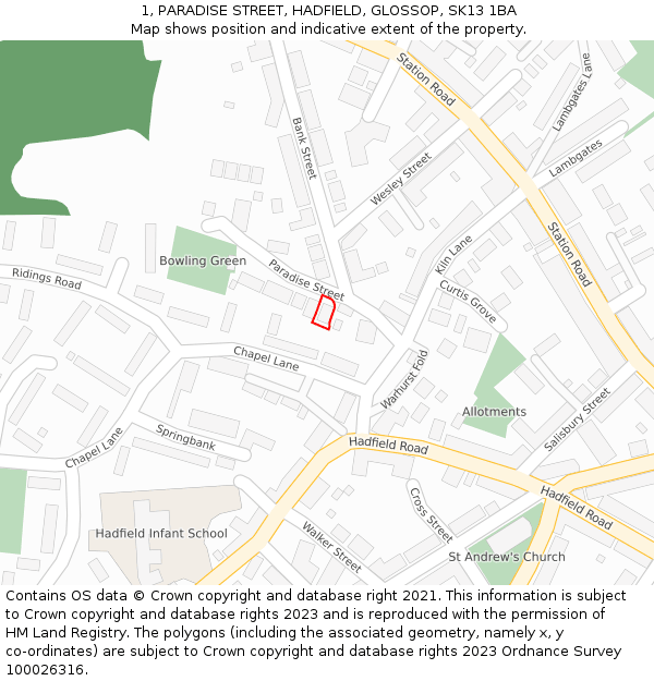 1, PARADISE STREET, HADFIELD, GLOSSOP, SK13 1BA: Location map and indicative extent of plot
