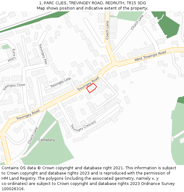 1, PARC CLIES, TREVINGEY ROAD, REDRUTH, TR15 3DG: Location map and indicative extent of plot