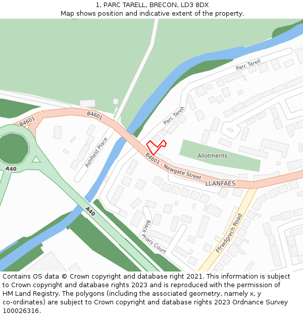 1, PARC TARELL, BRECON, LD3 8DX: Location map and indicative extent of plot