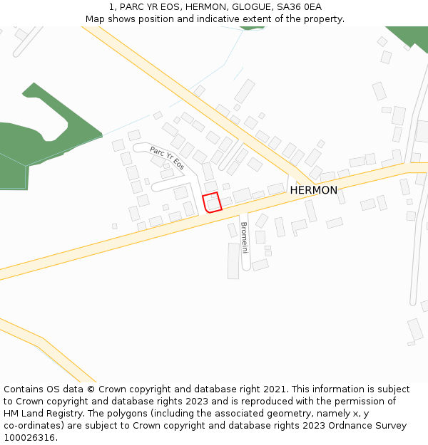 1, PARC YR EOS, HERMON, GLOGUE, SA36 0EA: Location map and indicative extent of plot