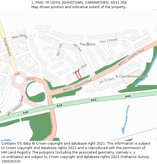 1, PARC YR ODYN, JOHNSTOWN, CARMARTHEN, SA31 3SE: Location map and indicative extent of plot