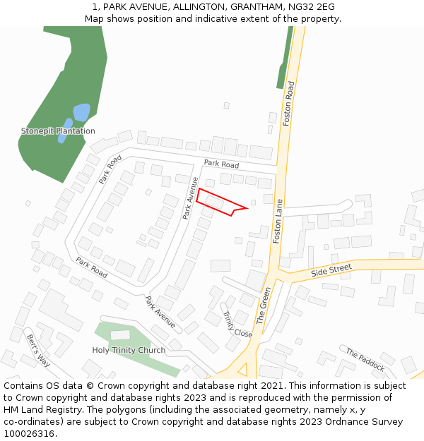1, PARK AVENUE, ALLINGTON, GRANTHAM, NG32 2EG: Location map and indicative extent of plot