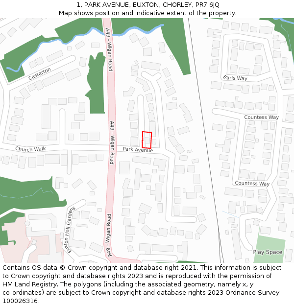 1, PARK AVENUE, EUXTON, CHORLEY, PR7 6JQ: Location map and indicative extent of plot
