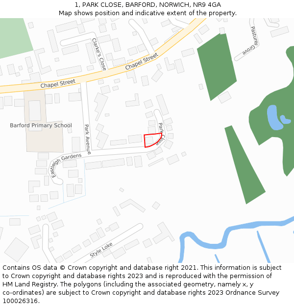 1, PARK CLOSE, BARFORD, NORWICH, NR9 4GA: Location map and indicative extent of plot