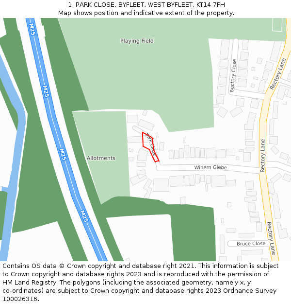 1, PARK CLOSE, BYFLEET, WEST BYFLEET, KT14 7FH: Location map and indicative extent of plot