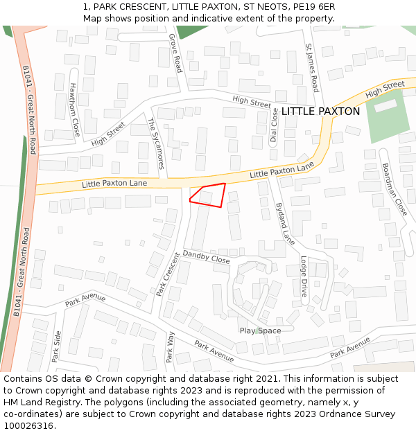 1, PARK CRESCENT, LITTLE PAXTON, ST NEOTS, PE19 6ER: Location map and indicative extent of plot