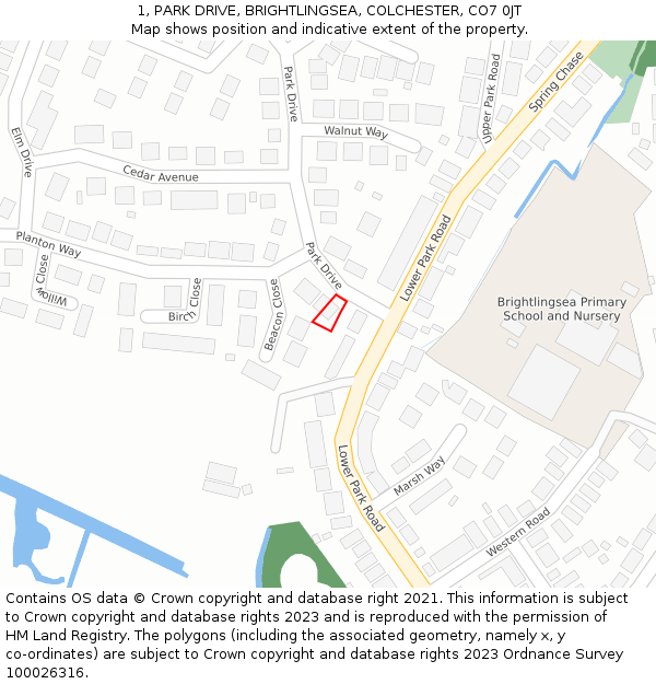 1, PARK DRIVE, BRIGHTLINGSEA, COLCHESTER, CO7 0JT: Location map and indicative extent of plot