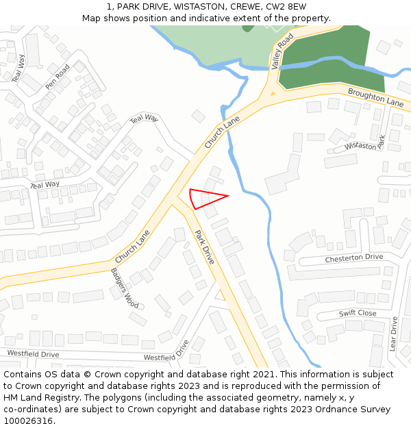 1, PARK DRIVE, WISTASTON, CREWE, CW2 8EW: Location map and indicative extent of plot