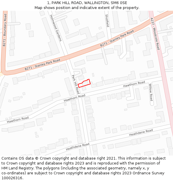 1, PARK HILL ROAD, WALLINGTON, SM6 0SE: Location map and indicative extent of plot