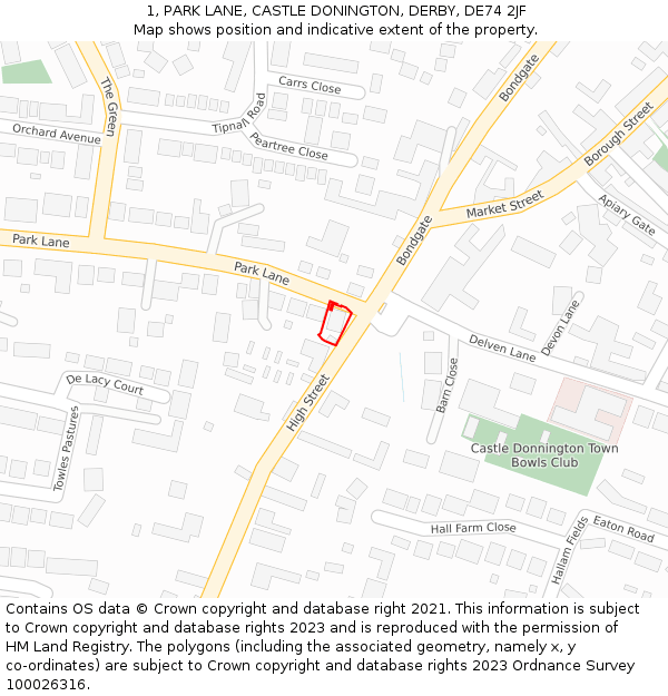 1, PARK LANE, CASTLE DONINGTON, DERBY, DE74 2JF: Location map and indicative extent of plot